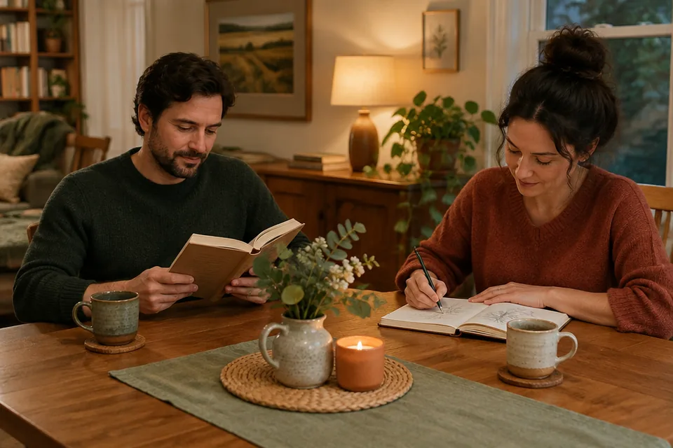 Two parents quietly enjoying a no-phone evening at a dining table, one reading a book while the other sketches in a plain notebook, cups of tea and warm lamplight.