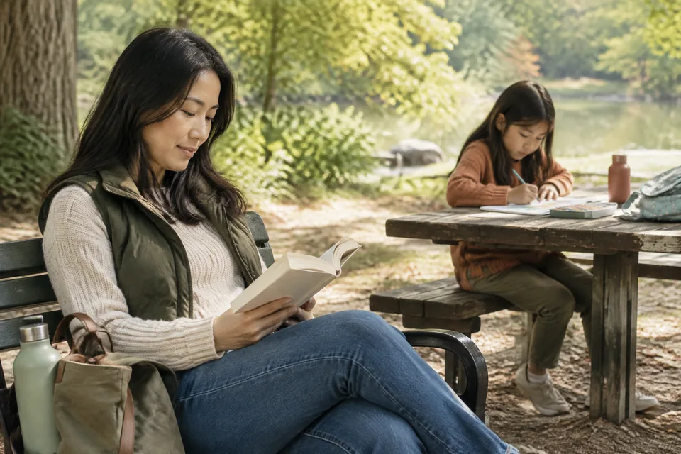 Parent enjoying a paperback on a park bench while their school-age child draws at a nearby picnic table within view.