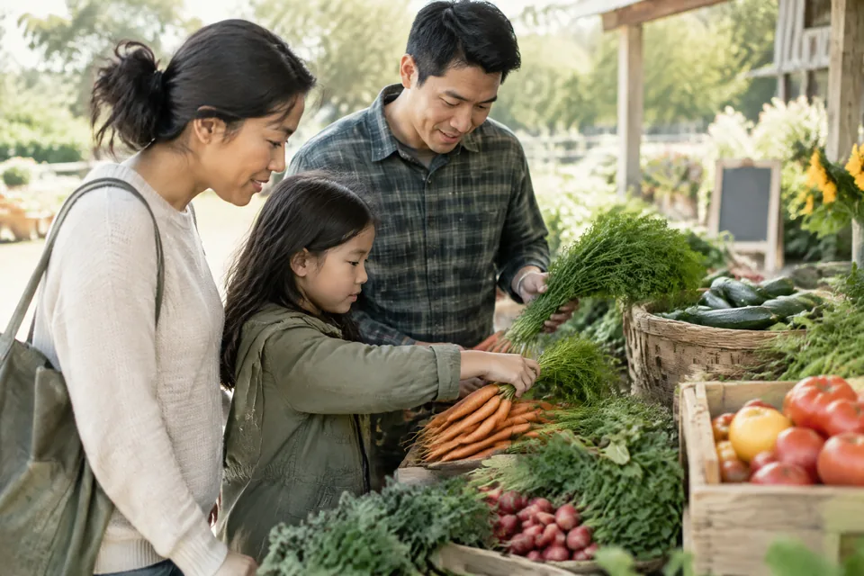 Two parents and school-age child browsing plain unlabelled produce at a small outdoor neighborhood farm stand, ordinary relaxed Saturday.