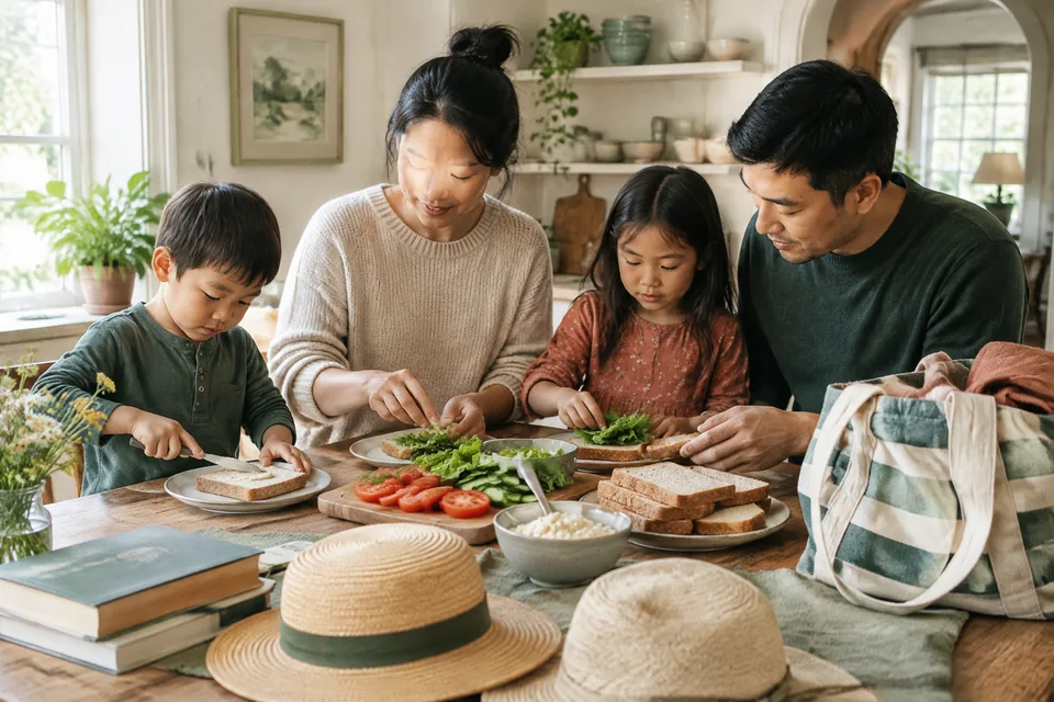 Slow home weekend scene with a family making sandwiches at a cool kitchen table, cloth picnic bag, books and sun hats ready nearby.