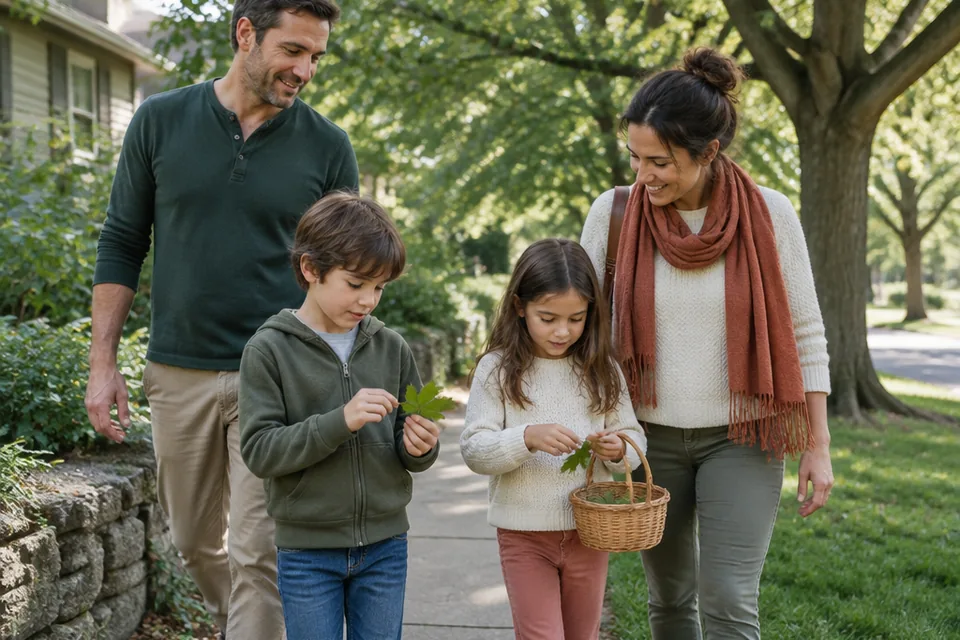 Two parents enjoying a leisurely neighborhood walk with their school-age children collecting interesting leaves.