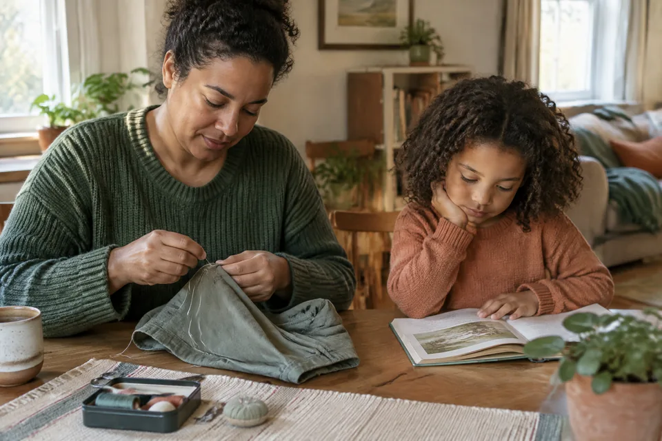 Parent hand stitching a simple cloth repair at a dining table while an older child reads beside them; sewing supplies kept at the adult's place.
