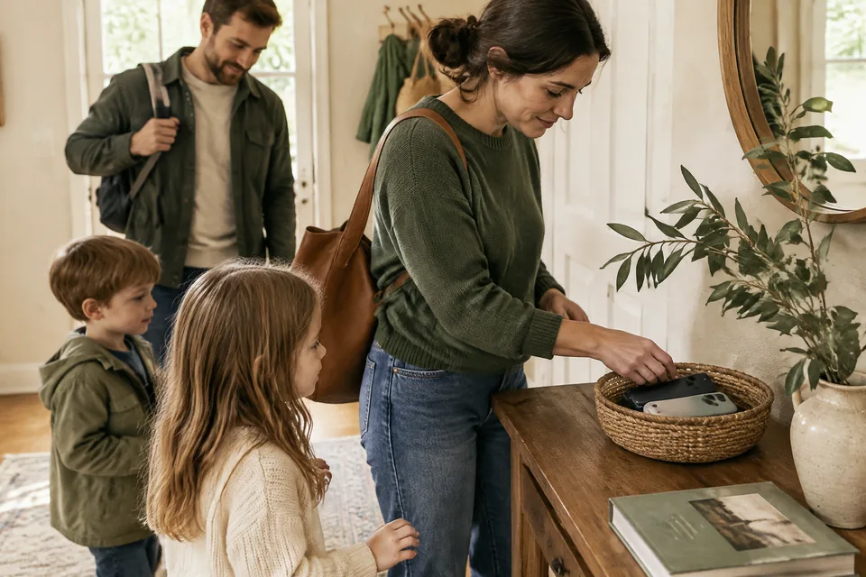 Small woven basket on an entry table holding phones with their backs facing up, every screen completely hidden, next to a book and leafy branch.