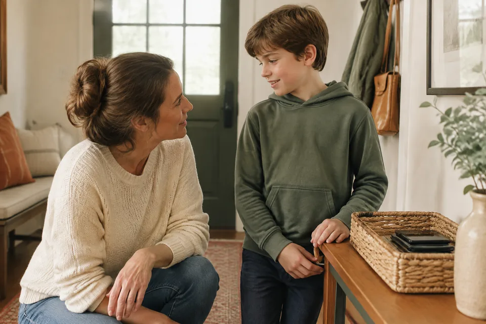 Parent and school-age child talking comfortably beside a small entryway device basket, devices face down, cooperative relaxed family atmosphere.