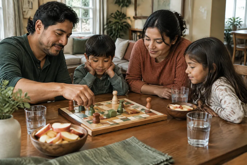 A family playing a board game together at a wooden table.