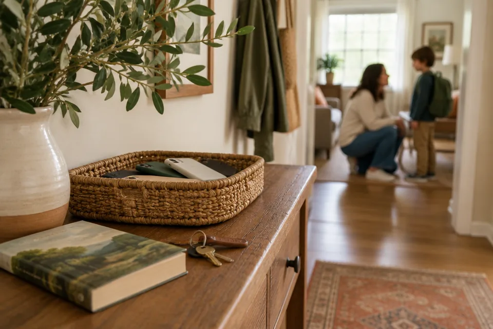 Small woven family device basket on an entry table containing several phones face down with completely hidden screens, beside house keys, a paperback book and a vase of leafy branches.