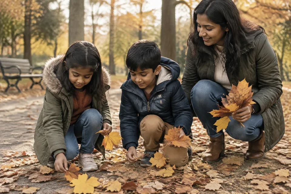 Two school-age children collecting large fallen maple leaves on a safe neighborhood park path with a parent, autumn coats and soft amber light.