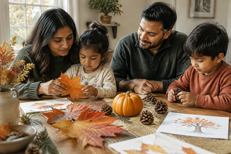 Simple fall nature table with large orange leaves, a small uncarved pumpkin, pine cones and children's picture-only drawings.