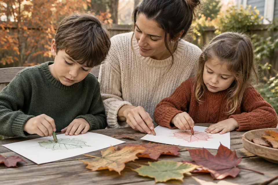Parent and two children aged five and eight making leaf rubbings on paper at a backyard table surrounded by a few large autumn leaves.