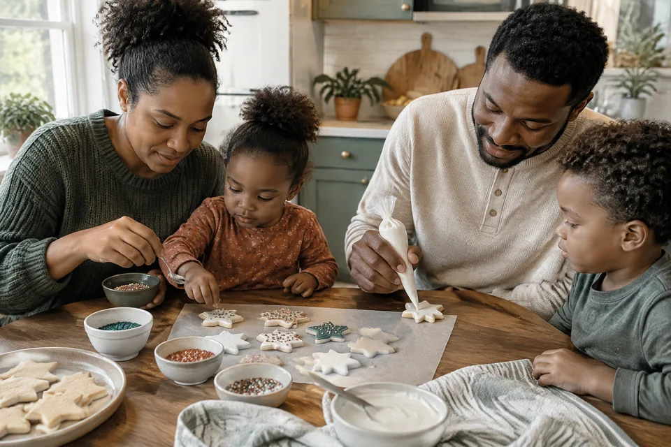Family decorating plain star-shaped cookies at a cool kitchen table, adult handles supplies.