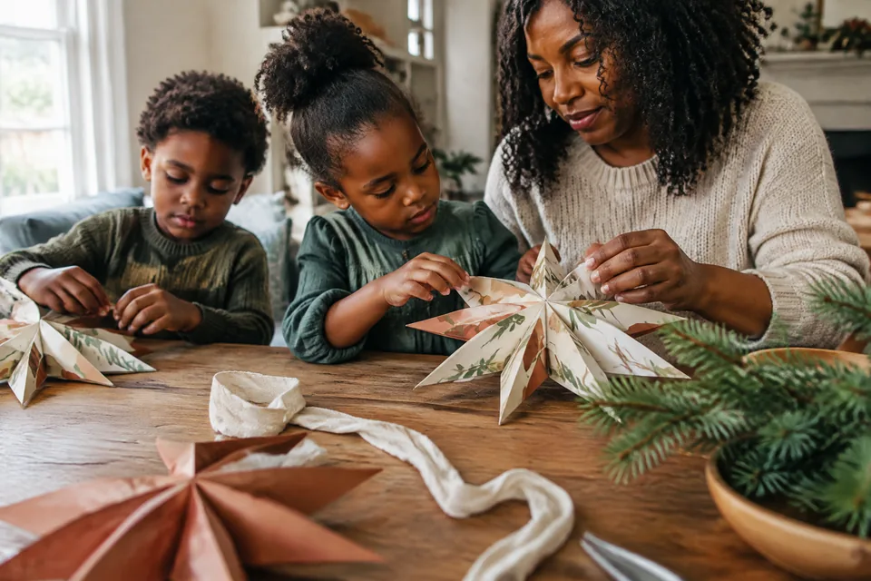 Large handmade paper star ornaments and a soft cotton ribbon on an oak table beside a small evergreen branch.