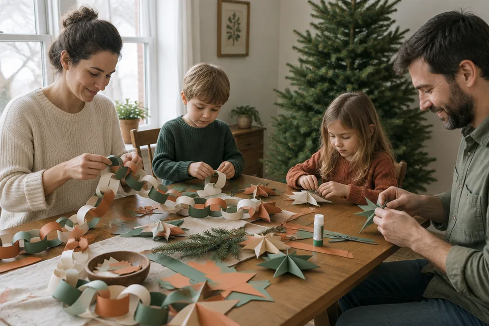 Family making large paper chains and paper star decorations together at a dining table near a modest undecorated evergreen tree.