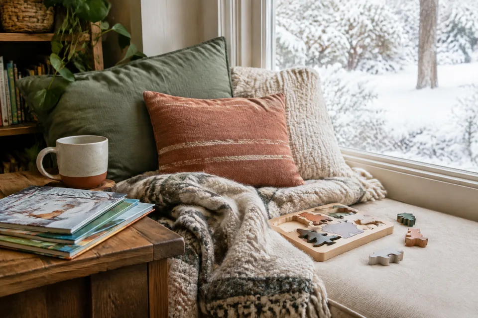 Cozy winter window corner with picture-only books, chunky wooden puzzle and wool blanket beside snow visible outside.