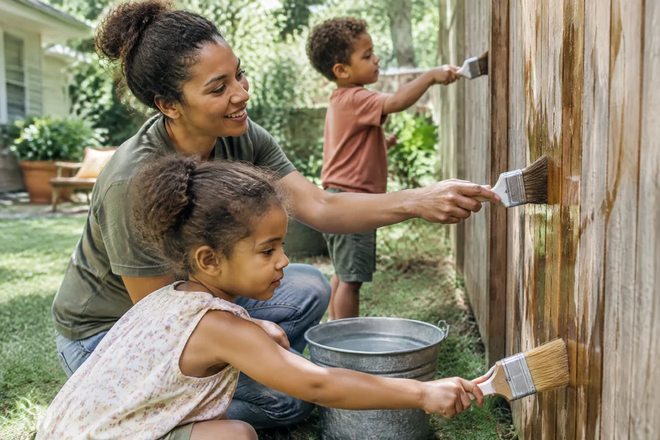 Parent and children painting with plain water and broad brushes on a sunny backyard fence.