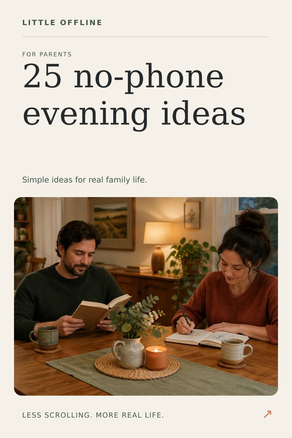 Pinterest graphic: 25 No-Phone Evening Ideas for Parents