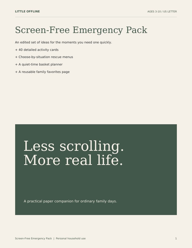 Actual Screen-Free Emergency Pack sample page 1