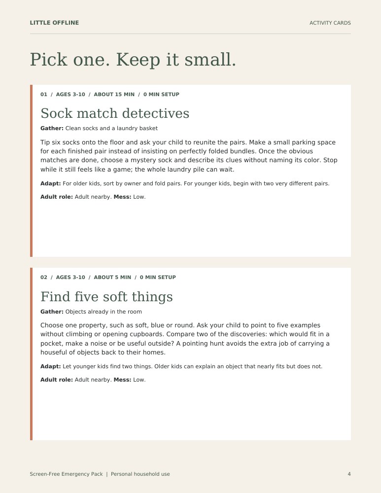 Actual Screen-Free Emergency Pack sample page 2