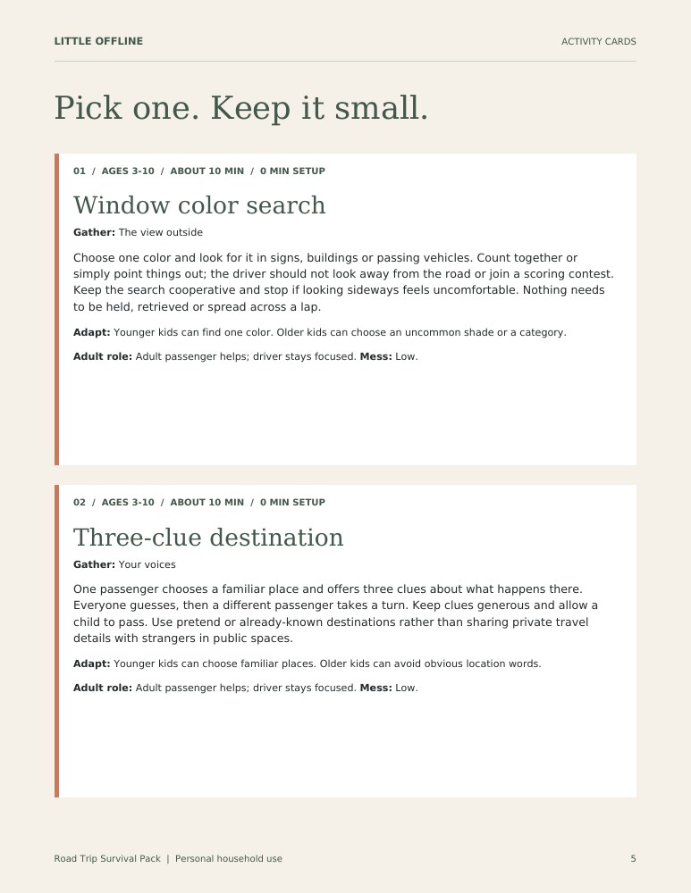 Actual Road Trip Survival Pack sample page 2